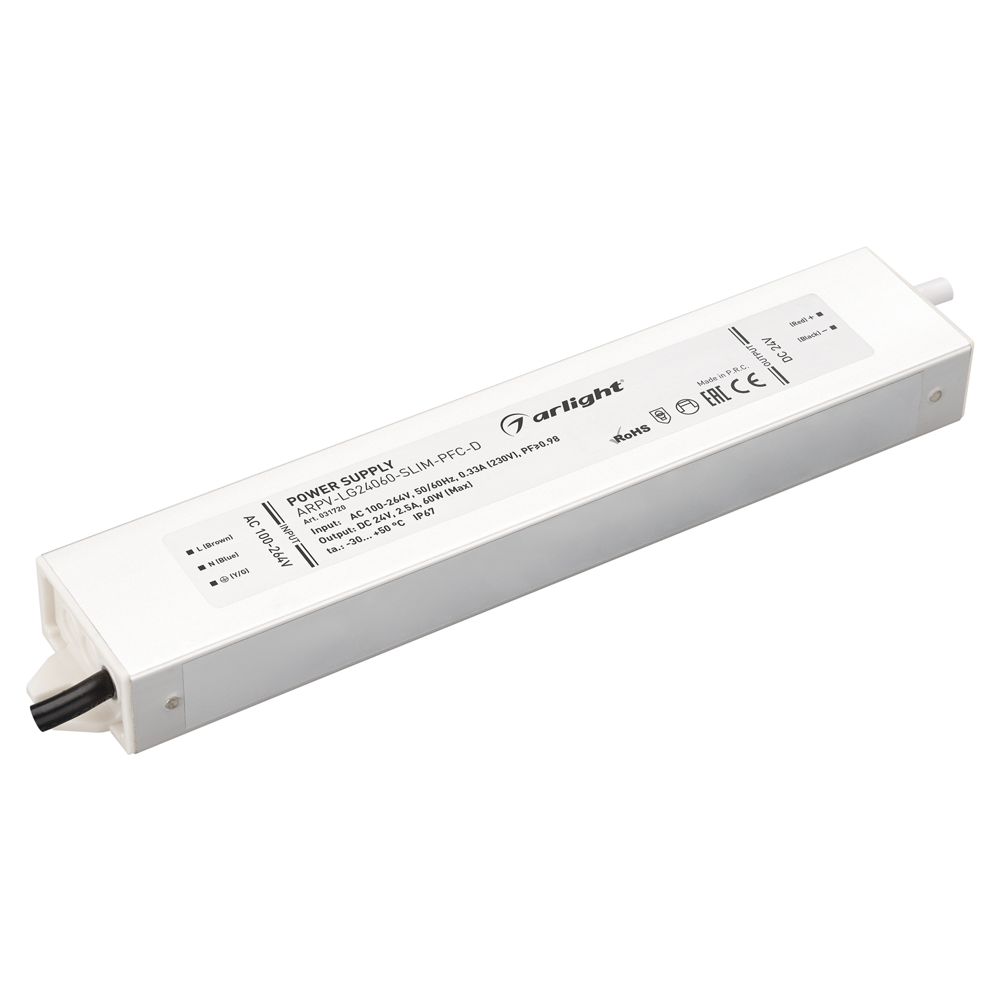 Блок питания ARPV-LG24060-SLIM-PFC-D (24V, 2.5A, 60W) 031720 - Источник напряжения с гальванической развязкой для светодиодных изделий. Входное напряжение 200-240 VAC. Выходные параметры: 24 В, 2.5 А, 60 Вт. Встроенный PFC >0.98. Герметичный алюминиевый к