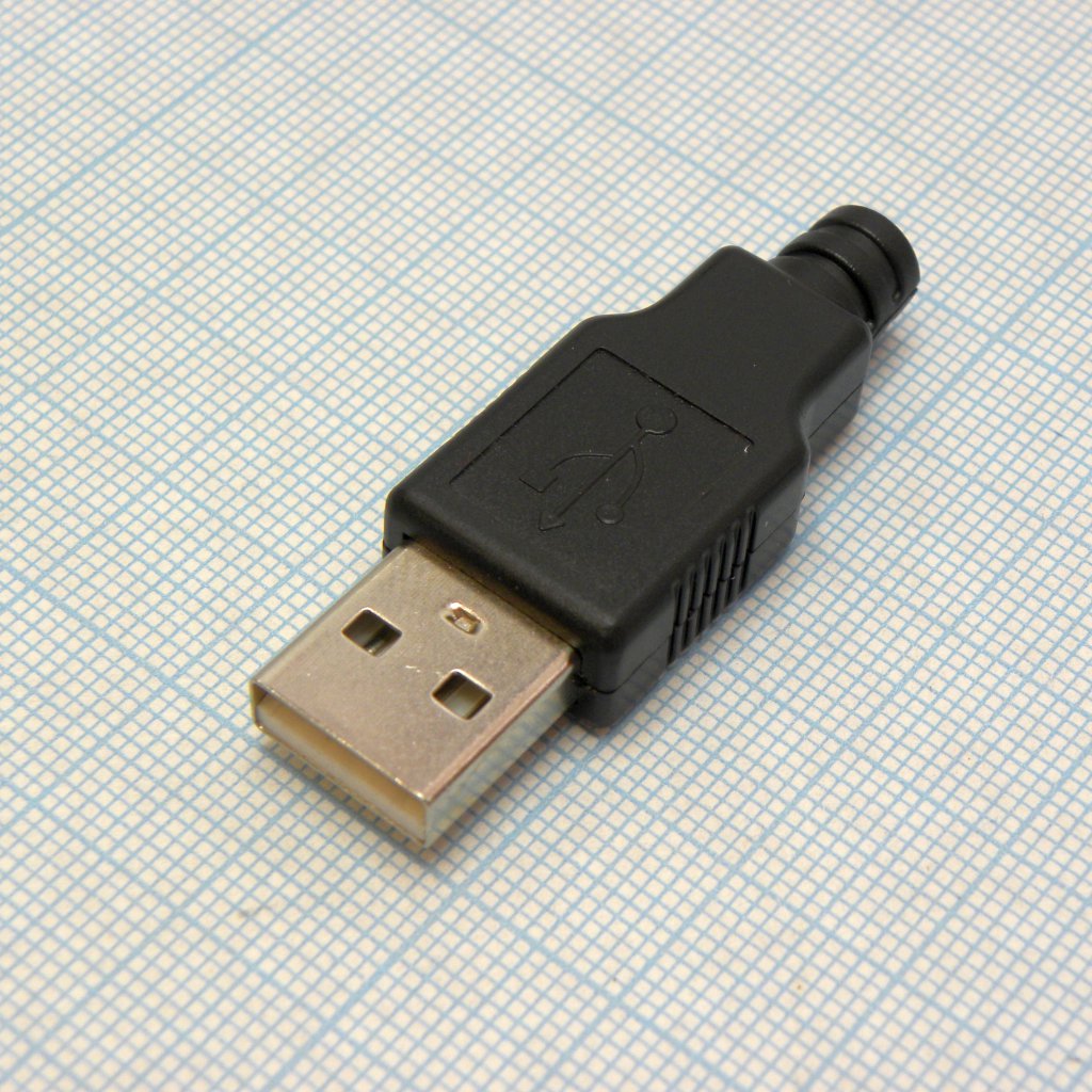 USB AM пласт кожух - Разъем USB тип А,  вилка на кабель с чёрным кожухом