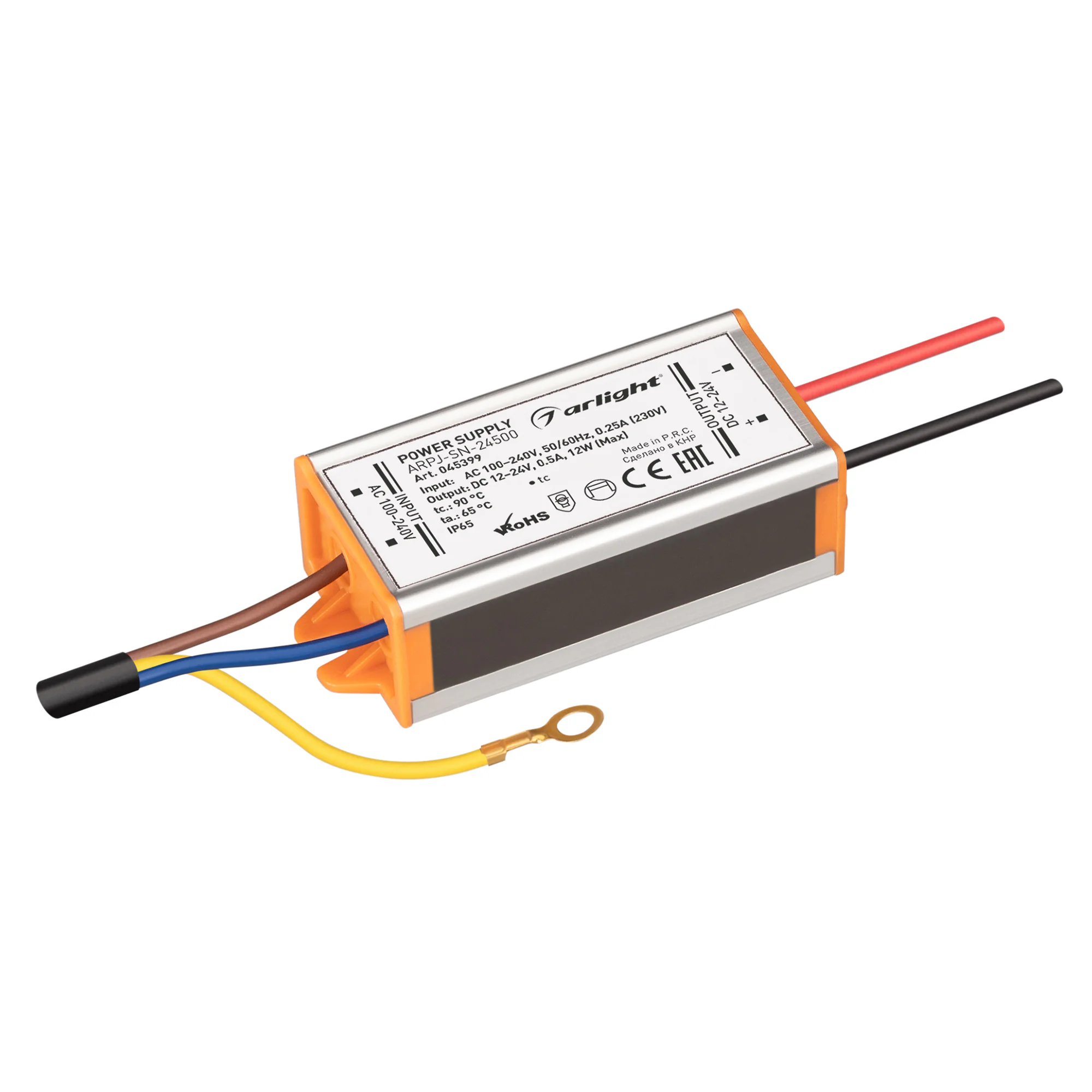Блок питания ARPJ-SN-24500 (12W, 12-24V, 500mA) 045399 - Источник тока с гальванической развязкой для уличных светильников и мощных светодиодов. Входное напряжение 100-240 VAC. Выходные параметры: 12-24 В, 500 mА, 12 Вт. PF >0.5. Герметичный металлический