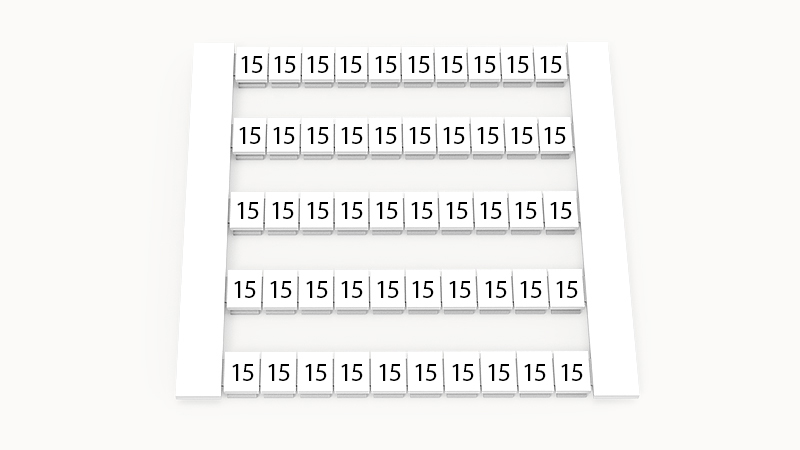 Марк. кассета DEK5-50P-19-89Z(H) - Маркировочные шильдики для клемм WS…, сечением 2,5 мм кв., боковая, 50 шильдиков, нанесенные символы: 15, по 5 полосок,с вертикальным расположением, размер шильдика: 4,8х5,5 мм, цвет белый