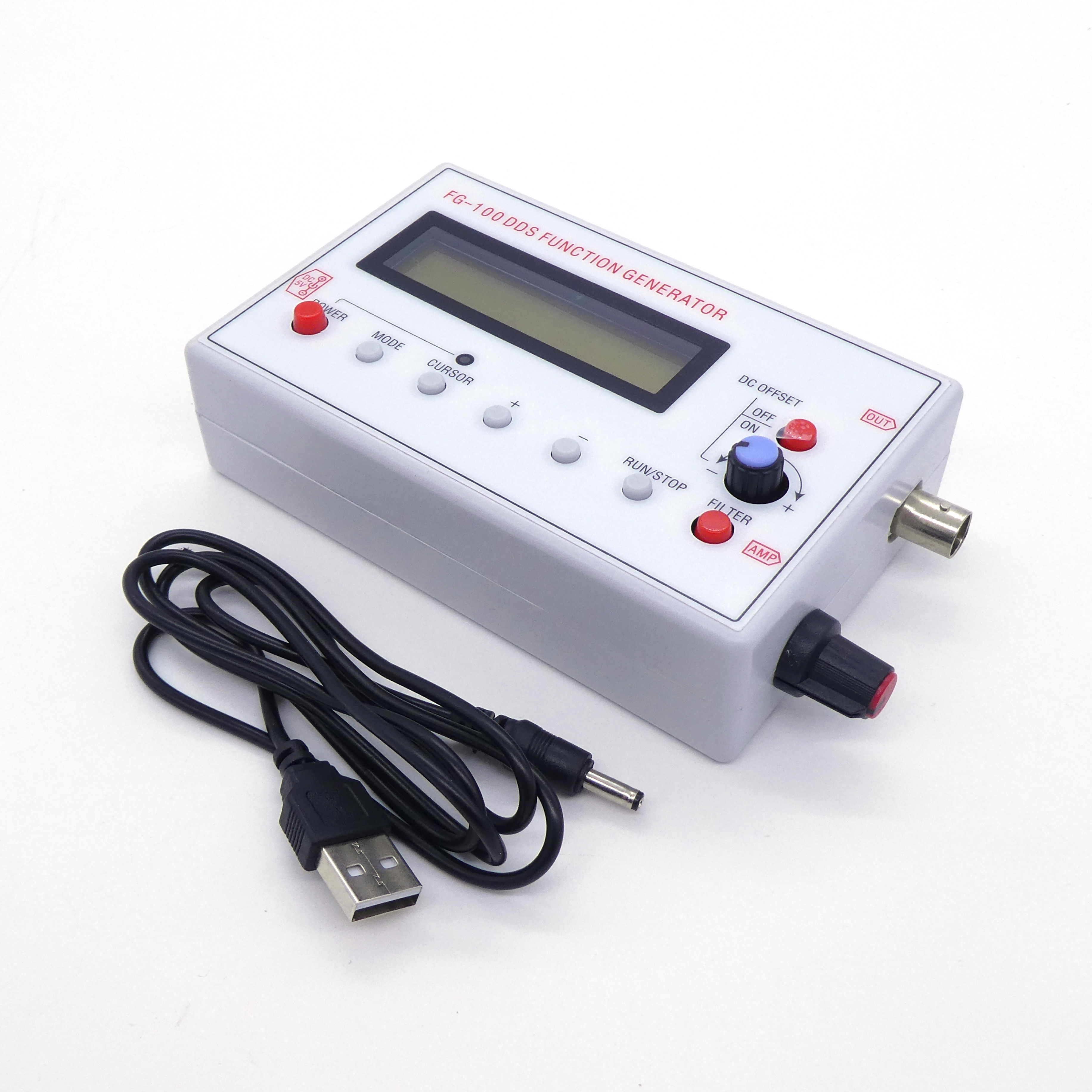 Генератор сигналов карманный FG-100 - Один канал; Диапазон частот: синусоида -1 Гц...500 кГц, прямоугольник - 1 Гц - 20 кГц, треугольгик - 1 Гц - 20 кГц, пила - 1 Гц - 20 кГц;  Амплитуда выходного сигнала ± 10 В; Выходное сопротивление 50 Ом; Питание DC 3