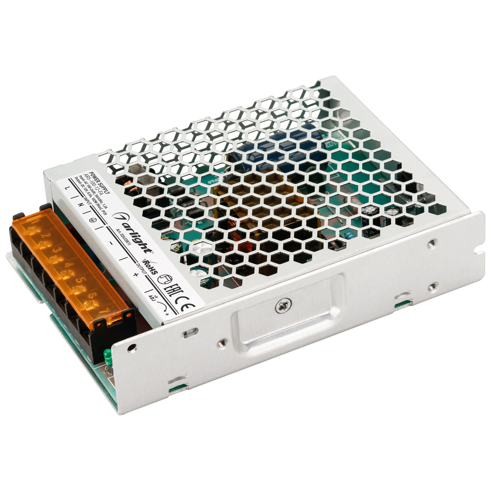 Блок питания ARS-100-12-FA (12V, 8.5A, 102W) 026328(1) - Источник напряжения с гальванической развязкой для светодиодных изделий. Входное напряжение 100-240 VAC. Выходные параметры: 12 В, 8,5 А, 102 Вт. Встроенный PFC >0,5. Негерметичный алюминиевый сетча