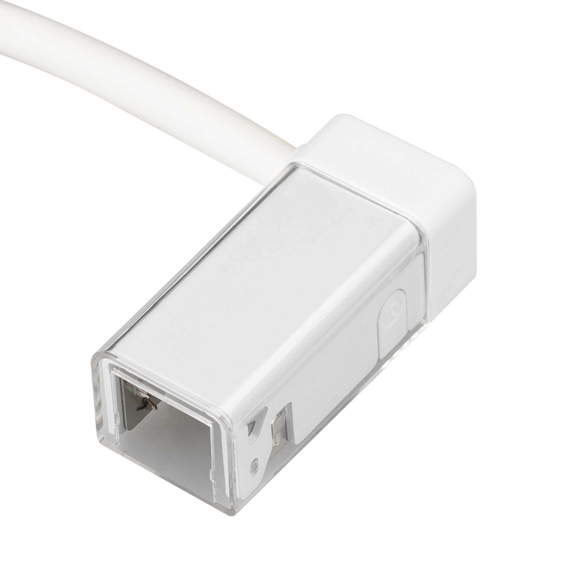 Коннектор питания ARL-MOONLIGHT-1213-CON-POWER-RR-WH 028063 - Герметичный коннектор питания для гибкого неона MOONLIGHT, сечение 12х13мм, цвет белый. Правый вывод провода. Подключение питания без пайки, IP54, длина провода питания 500мм.