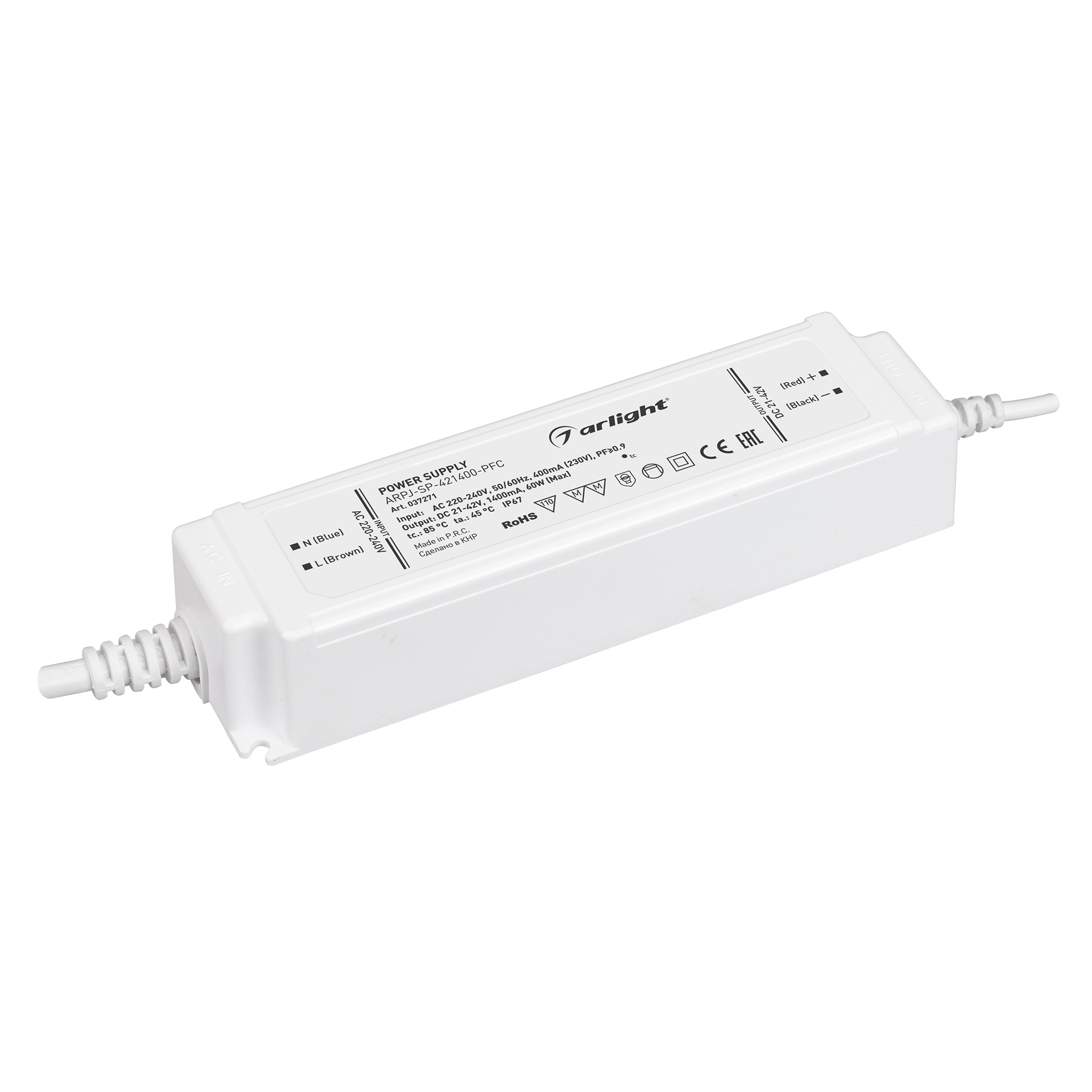 Блок питания ARPJ-SP-421400-PFC (60W, 21-42V, 1.4A) 037271 - Источник тока с гальванической развязкой для светильников и мощных светодиодов. Входное напряжение 220-240 VAC. Выходные параметры: 21-42 В, 1400 mА, 60 Вт. Встроенный PFC >0.9. Герметичный плас