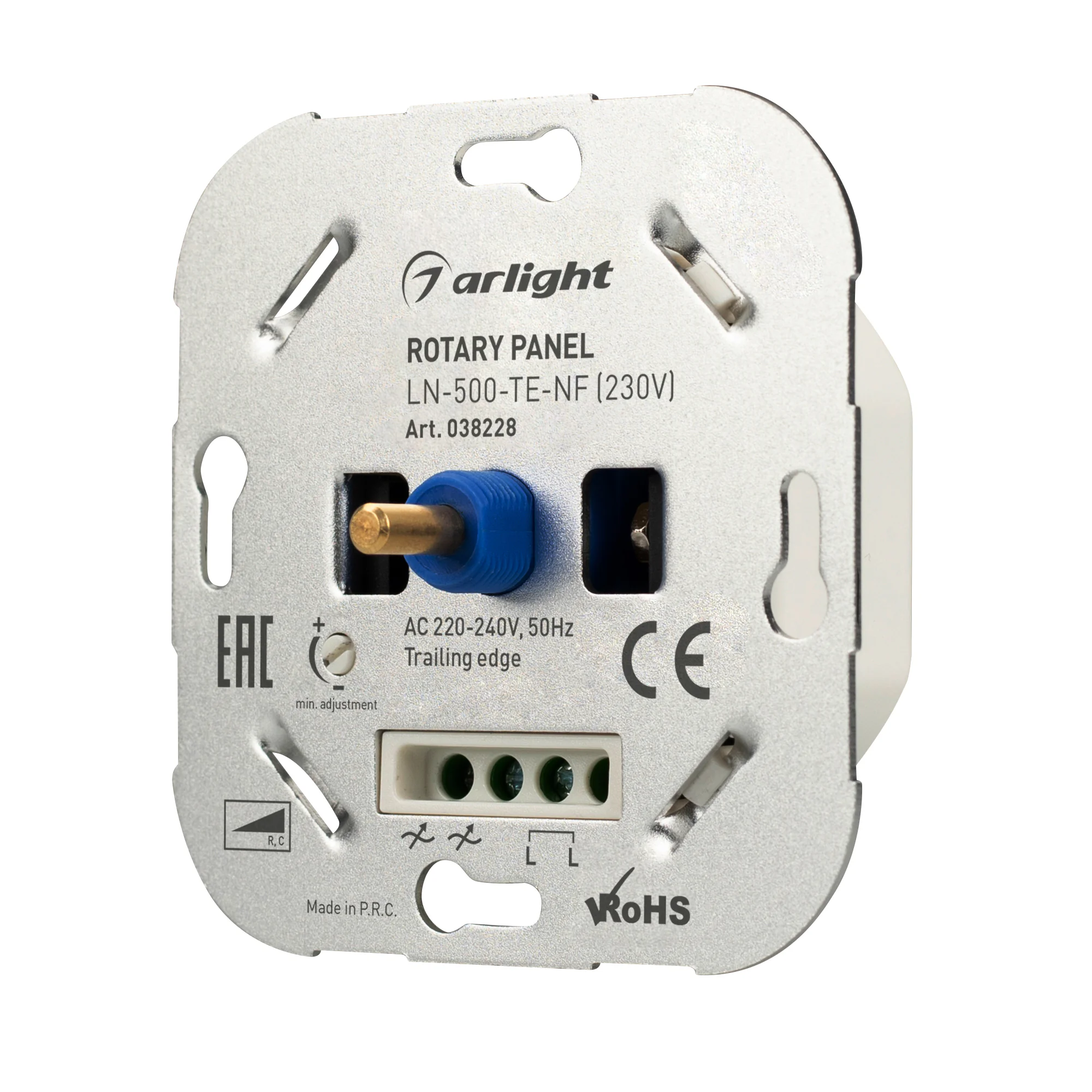 Панель роторная LN-500-TE-NF (230V) 038228 - Встраиваемая роторная панель. Для управления одноцветными источниками света (TRIAC). Управление яркостью с помощью роторного вращателя. Работает в режиме Trailing Edge, диммирование по заднему фронту. Не требуе