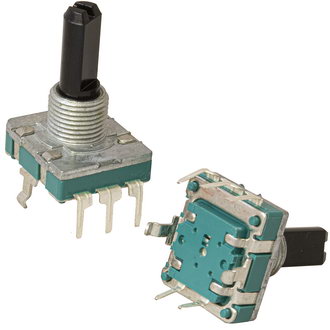 PEC16 24/24 20MM PUSHPIN - Энкодер PEC16, 24 щелчка, 24 импульса, пластмассовый вал с лыской 20мм, с кнопкой, горизонтальные выводы, крепление на гайку 9мм