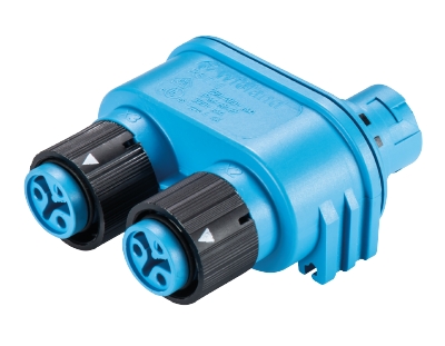 Распределительное устройство  RST16I2V - Распределительное устройство (тройник), 1 вход/2 выхода, IP68(69k), 2 полюса, параллельное соединение, с возможностью крепления к 06.562.5853.0 / 06.562.5853.1, цвет: голубой, номинальные характеристики: 250V 16A, 