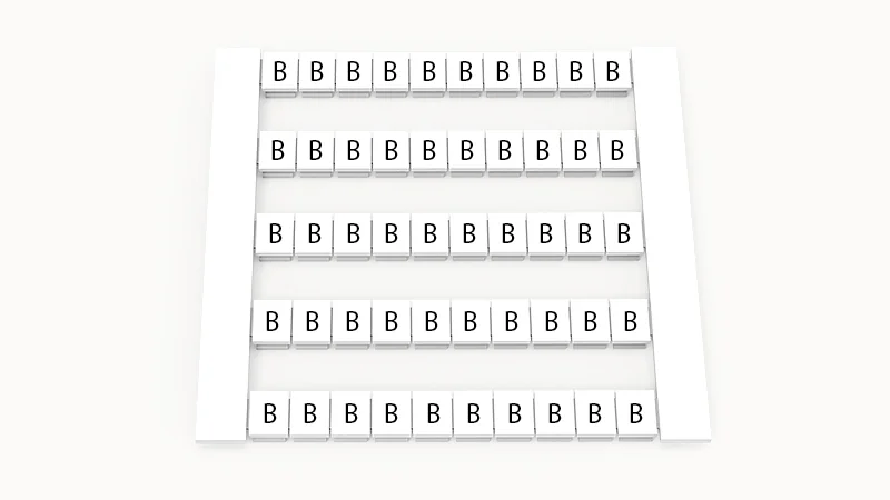 Марк. кассета DEK5-50P-19-98Z(H) - Маркировочные шильдики для клемм WS…, сечением 2,5 мм кв., боковая, 50 шильдиков, нанесенные символы: B, по 5 полосок,с вертикальным расположением, размер шильдика: 4,8х5,5 мм, цвет белый