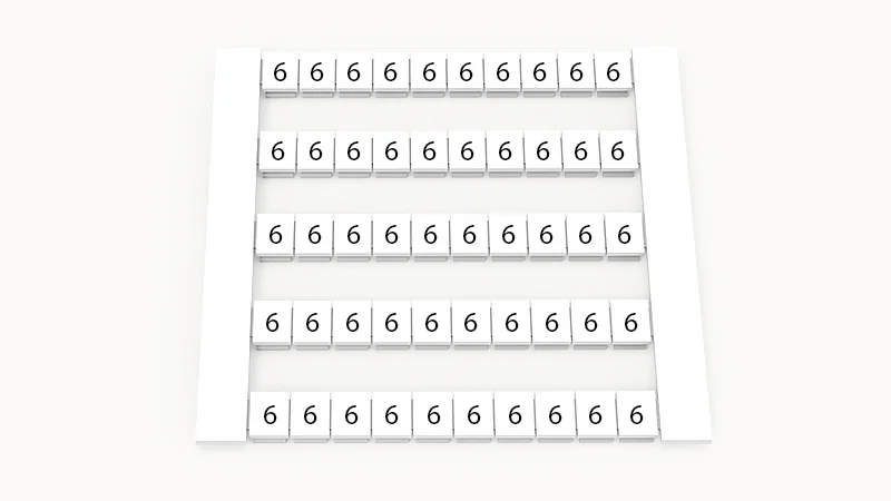 Марк. кассета DEK5-50P-19-80Z(H) - Маркировочные шильдики для клемм WS…, сечением 2,5 мм кв., боковая, 50 шильдиков, нанесенные символы: 6, по 5 полосок,с вертикальным расположением, размер шильдика: 4,8х5,5 мм, цвет белый
