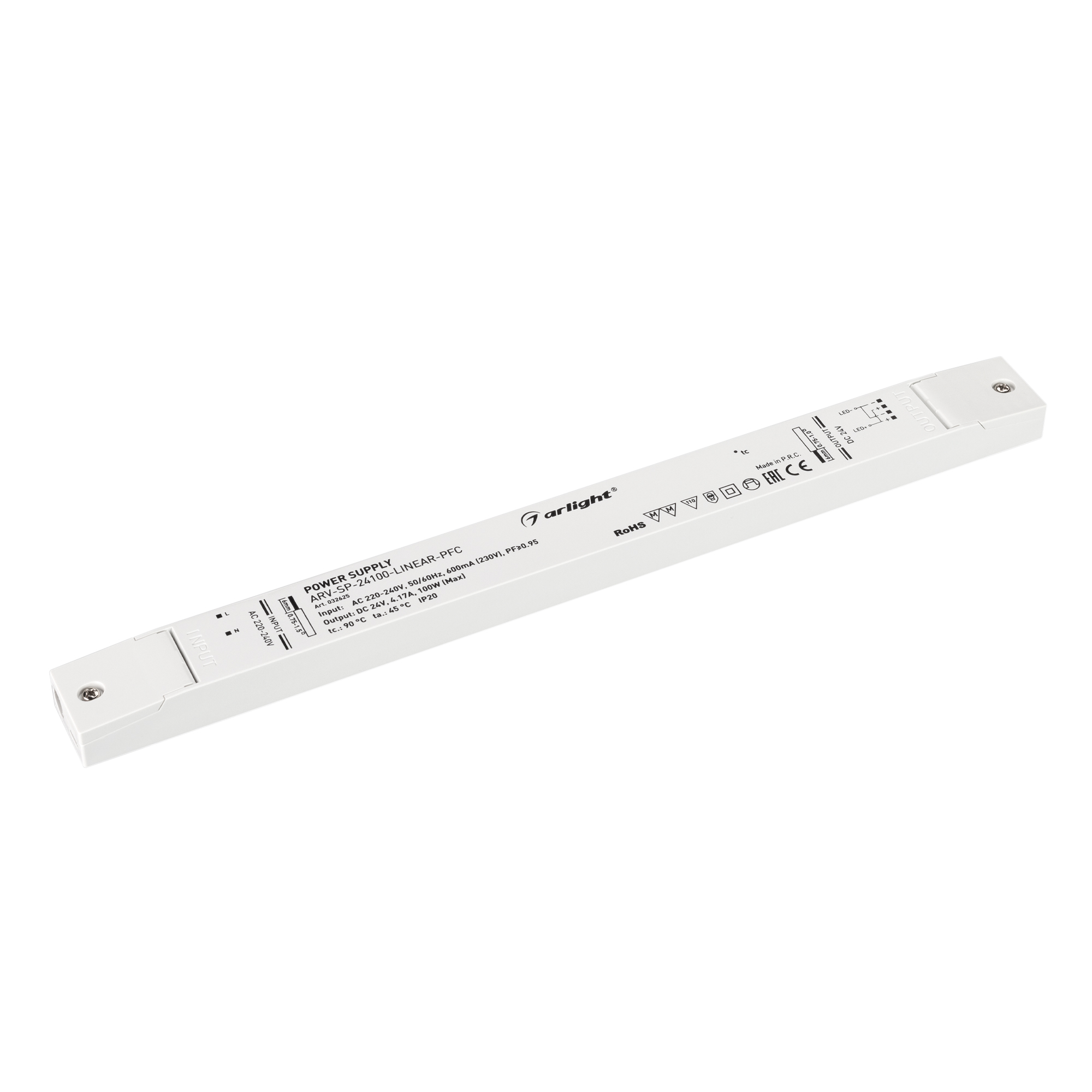 Блок питания ARV-SP-24100-LINEAR-PFC (24V, 4.17A, 100W) 032625 - Источник напряжения с гальванической развязкой для светодиодных изделий. Входное напряжение 220-240 VAC. Выходные параметры: 24 В, 4.17 А, 100 Вт. Встроенный PFC >0.95. Тонкий пластиковый ко