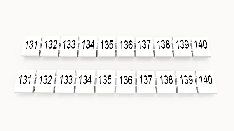 Марк.  полоска ZB8-10P-19-19Z(H) - Маркировочные шильдики для клемм WS…, DC…, PC…, сечением 6 мм кв., центральная, 10 шильдиков нанесенные символы: 131-140, с вертикальным расположением, размер шильдика: 7,45х10,7 мм, цвет белый