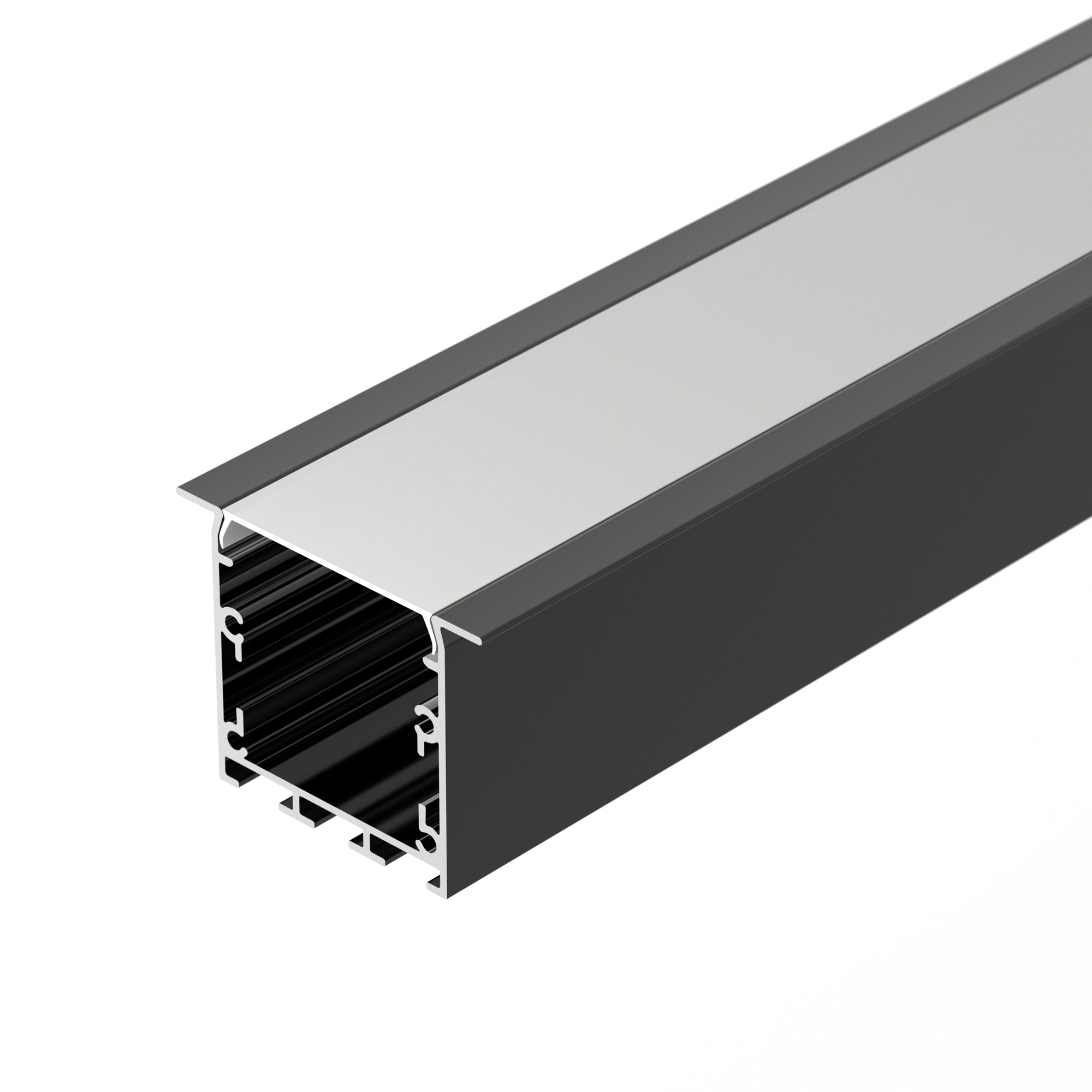 Профиль LINIA49-F-S-2000 BLACK 041873 - Алюминиевый профиль для светодиодных лент и линеек. Цвет - чёрный RAL9005 (порошковая окраска). Габаритные размеры (LхWхH): 2000x46x35,5 мм, паз для установки 35 мм. Ширина площадки для ленты 26 мм.