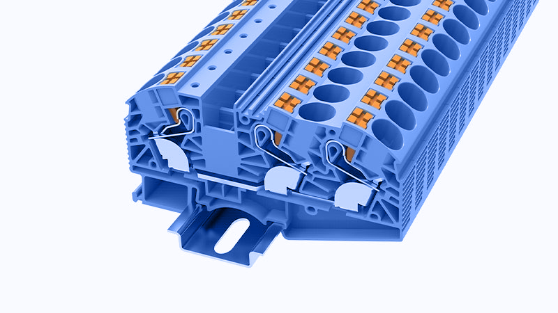 Проходная клемма DS16-TW-01P-12 - Проходная клемма, 3 точки подключения, тип фиксации провода: Push-in, номинальное сечение: 16 мм кв., 76A, 1000V, ширина: 12,2 мм, цвет: синий, втычная перемычка, тип монтажа: DIN35