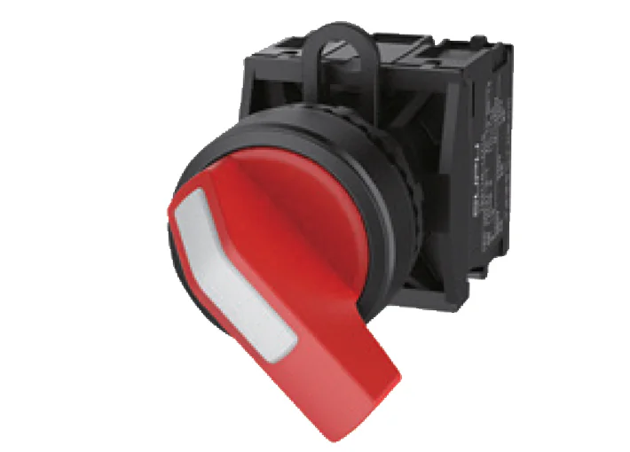 Селекторный переключатель (красный) TS2517-1BA10-S10 - Переключатель, длинная ручка, 2-х позиционный с самовозвратом, LED AC 220V, пластиковое переднее кольцо, с мгновенным нажатием, с контактной группой 1NO, диаметр головки кнопки 29,5 мм, диаметр посадо