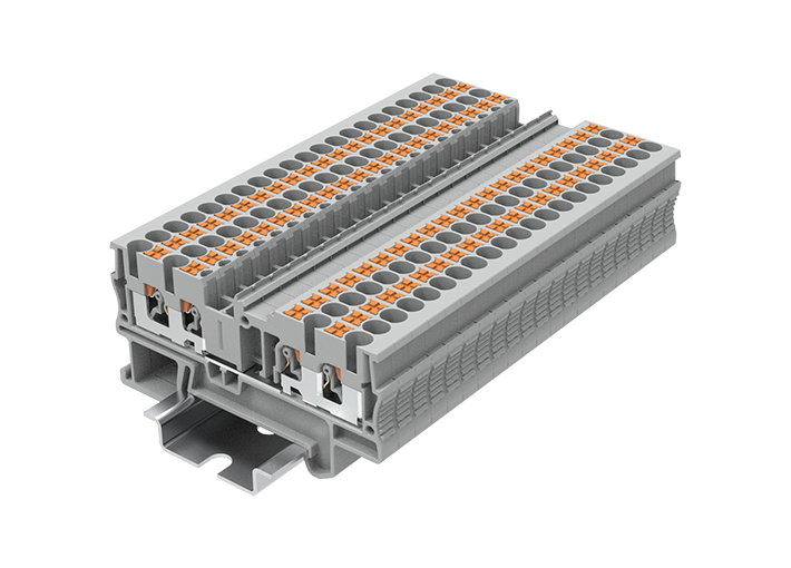 Проходная клемма TP2.5-4-GY - Проходная клемма, 4 точки подключения, push-in, номинальное сечение: 2,5 мм кв., 24A, 500V, ширина: 5,2 мм, цвет: серый, тип монтажа: DIN 35