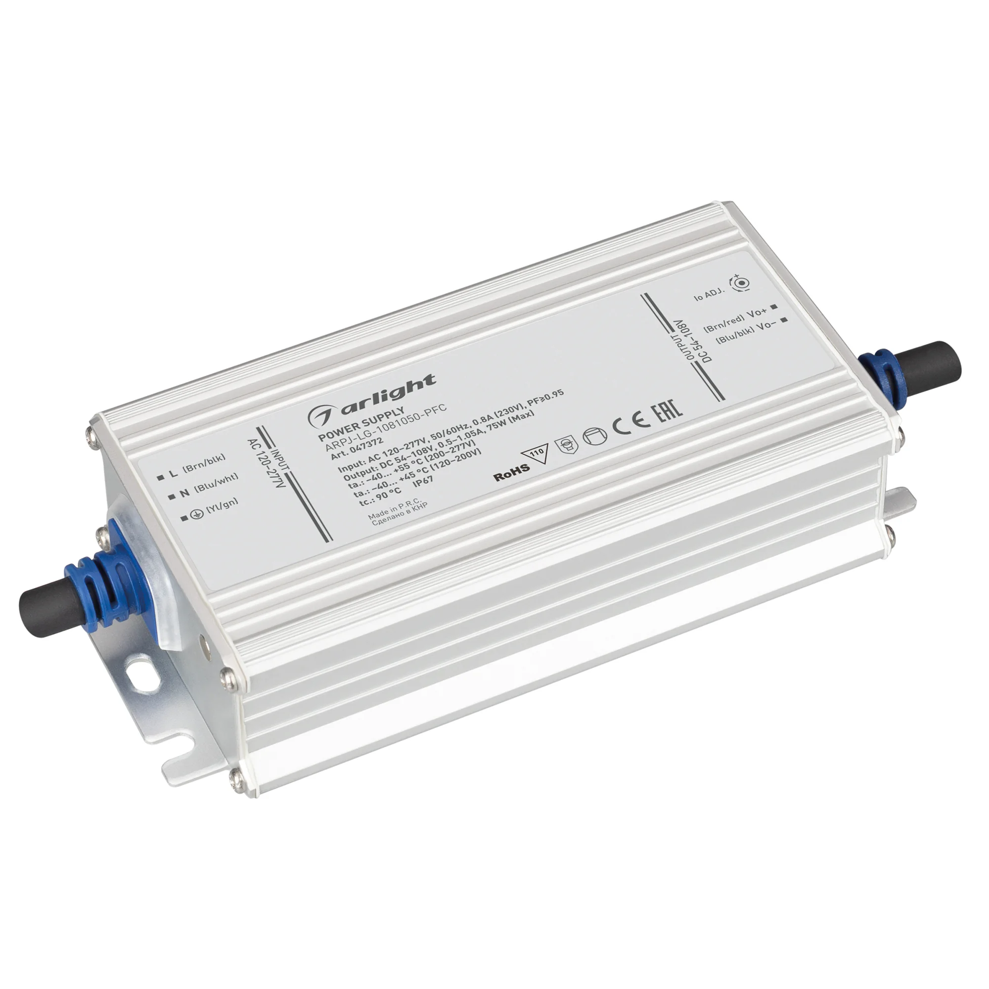 Блок питания ARPJ-LG-1081050-PFC (75W, 54-108V, 0.5-1.05A) 047372 - Источник тока с гальванической развязкой для светильников и мощных светодиодов. Входное напряжение 120-277 VAC. Выходные параметры: 54-108 В, 500-1050mА (регулировка встроенным потенциоме