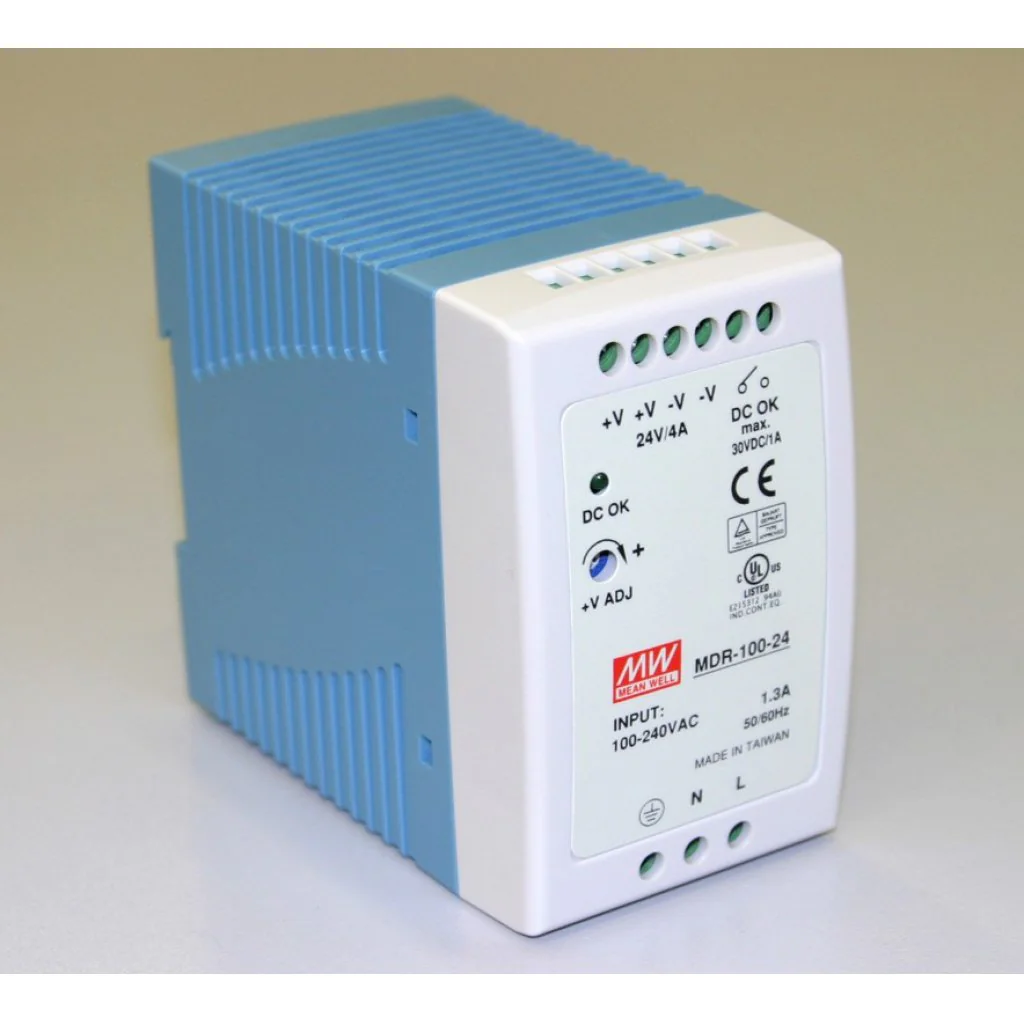 MDR-100-24 - Преобразователь AC-DC на DIN-рейку  100Вт, выход 24В/4A, рег. вых 24…30В, вход 85…264V AC, 47…63Гц /120…370В DC, изоляция 3000В AC, в кожухе  55х90х100мм, -10…+60°С.