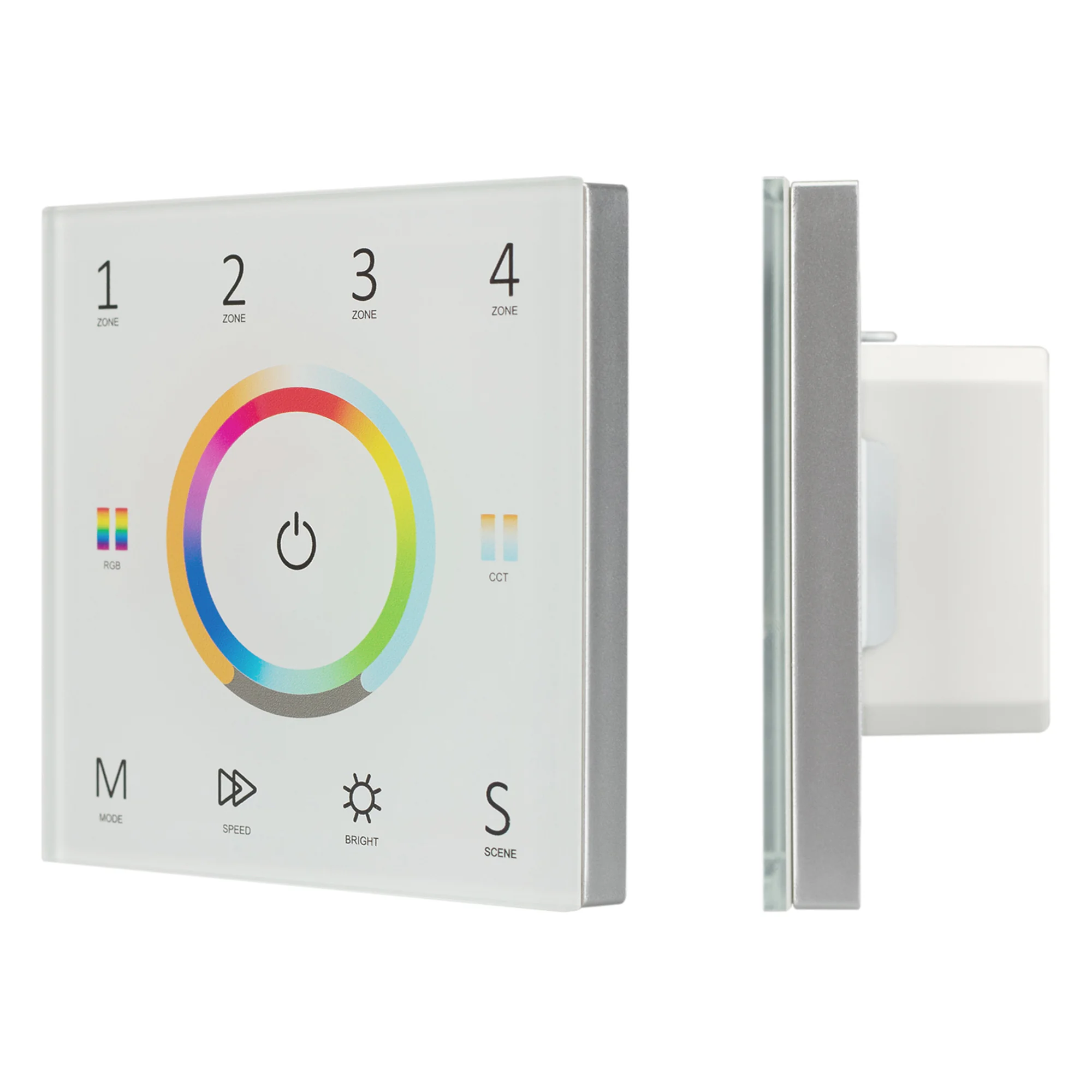 Панель Sens SMART-P67-MULTI White (230V, 4 зоны, 2.4G) 028321 - Встраиваемая сенсорная панель 2.4 ГГц, цвет белый. Материал - стекло. Для управления RGB+MIX (5-канальными) источниками света (ШИМ), 4 зоны управления. Питание/рабочее напряжение AC 85-265V. 