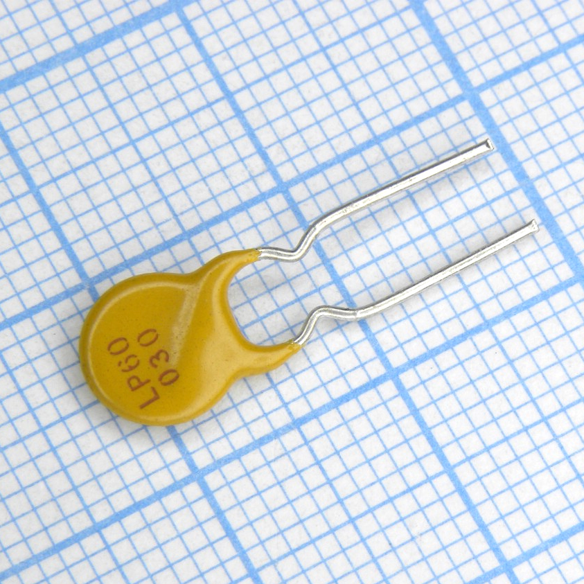 LP60-030F - Самовосстанавливающийся предохранитель PTC 0.3A(hold) 0.6A(trip) 60V 40A 0.59W 3s 0.76Ohm Radial 7.7 X 3.1mm, Bulk