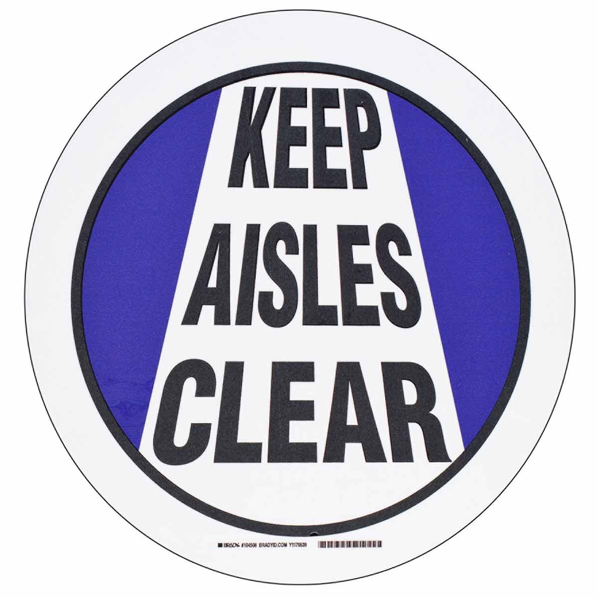 gws104508 - Напольная самоклеющаяся табличка с надписью "Keep Aisles Clear", материал В-534, цвет - черный и синий на белом, диаметр 431,8 мм
