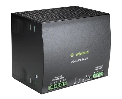 Блок питания WIPOS P3 24-20 - Источник питания, трехфазный, 24 V / 20 A, 480 W; диапазон входных напряжений: 340 – 575 V AC 480 – 820 V DC; габариты (мм): ширина x высота x глубина: 150 x 124 x 119; вес 1,75 кг; монтаж: на DIN рейку, температура окружающе