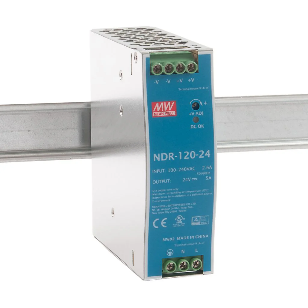 NDR-120-24 - Преобразователь AC-DC на DIN-рейку  120Вт, выход 24В/5A, рег. вых 24...28В, вход 90…264V AC, 47…63Гц /127…370В DC, выход 24В/5A, рег. вых 24...28В, изоляция 3000В AC, в кожухе  40х125.2х102мм, -20…+70°С