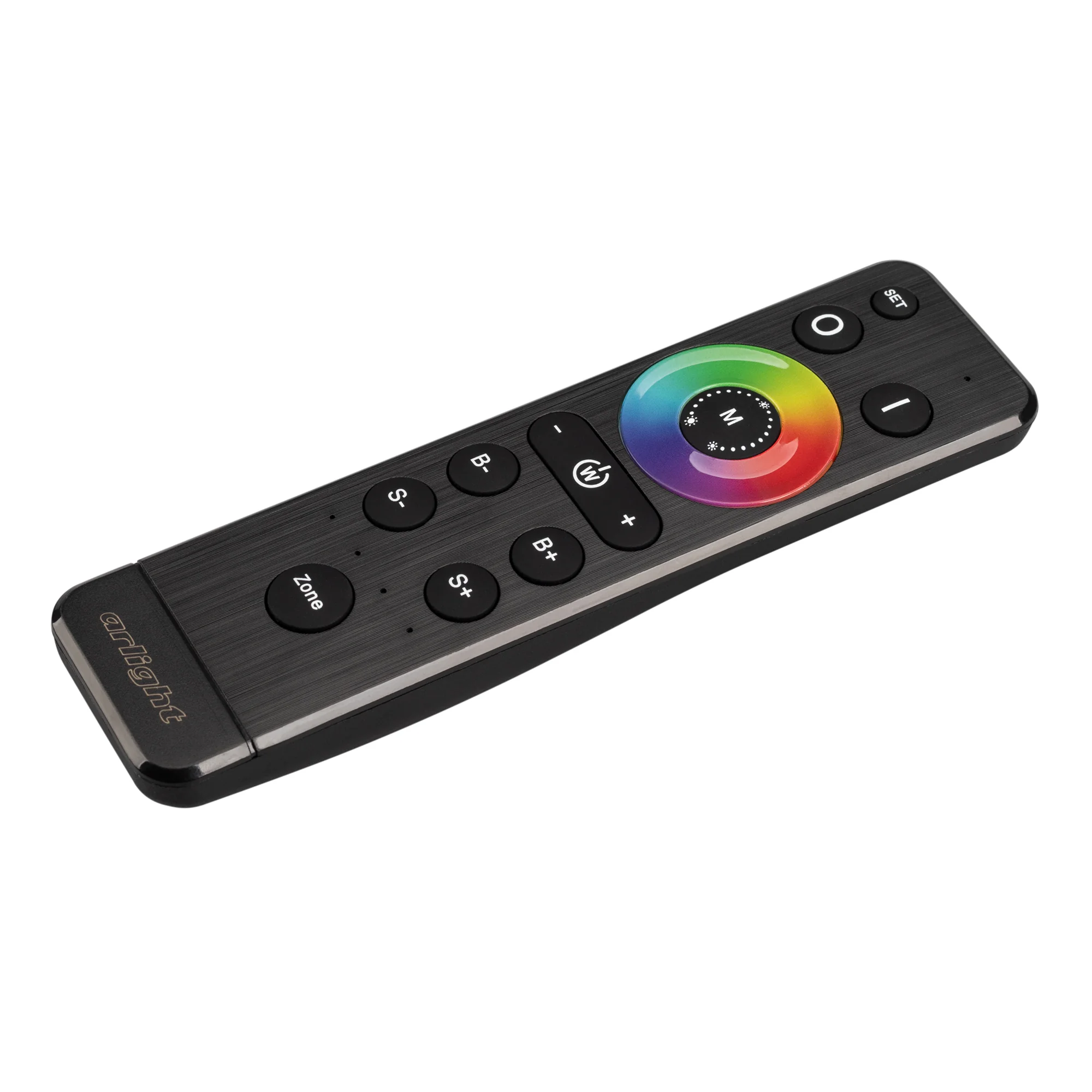 Пульт ARL-1022-SIRIUS-RGBW Black (4 зоны, 2.4G) 027154 - Кнопочный радиопульт с сенсорным кольцом 2.4 ГГц черного цвета для управления RGBW источниками света. 4 зоны управления. Питание 3VDC (AAA*2). Габариты 150х40х20мм. В комплекте настенное крепление. 
