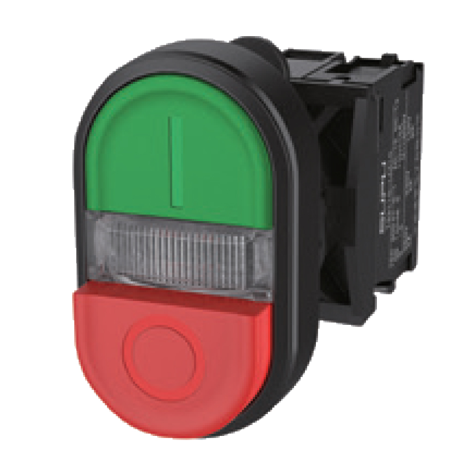 Селекторный переключатель (зел/красн) TS2513-0MM21-S10 - Двухпозиционный кнопочный переключатель (плоский верх/выпуклый низ), плоский верх/выпуклый низ, LED AC/DC 24V, пластиковое переднее кольцо, с мгновенным нажатием, с контактной группой 1NO, размер го