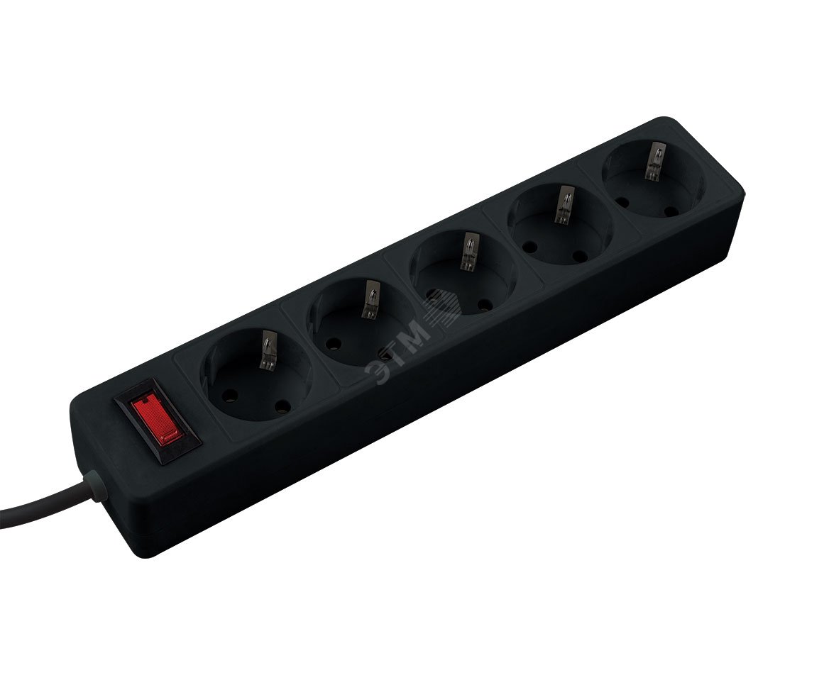 Удлинитель с сетевым фильтром 5х1.8м с заземл. 10А IP20 2.2кВт ПВС 3х0.75 с выкл. с индикатором сети черн. FKsm1.8m-5g(B)