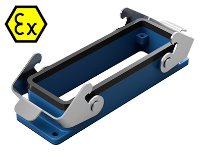 Открытое основание разъема EX 70.320.2428.9 - Основание разъема на панель, открытое, типоразмер 24B, взрывозащищита, с уплотнителем, с двумя защелками, без защитной крышки, материал корпуса: цинковый сплав