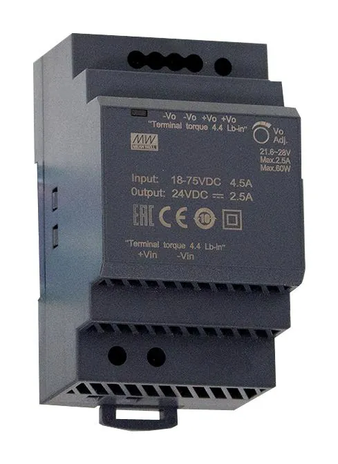 DDR-60L-5 - DC-DC, 60Вт, вход 18…75 В DC, выход 5В/12А, изоляция 4000В DC, в кожухе на DIN-рейку, 52.5х90х54.5мм, -40...+85°С