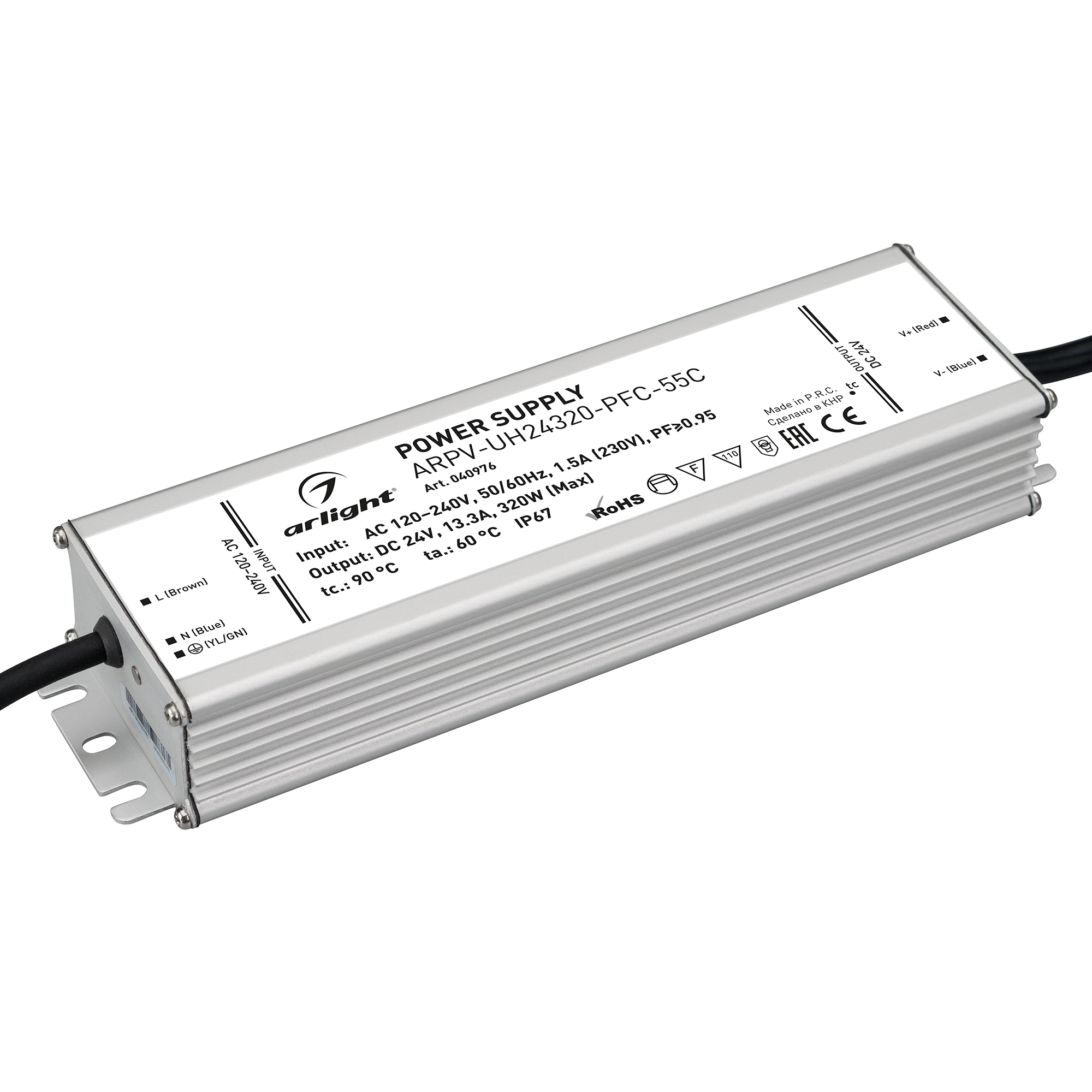 Блок питания ARPV-UH24320-PFC-55C (24V, 13.3A, 320W) 040976 - Источник напряжения с гальванической развязкой для светодиодных изделий. Предназначен для работы в условиях Крайнего Севера с запуском до -55С. Входное напряжение 120-240 VAC. Выходные параметр