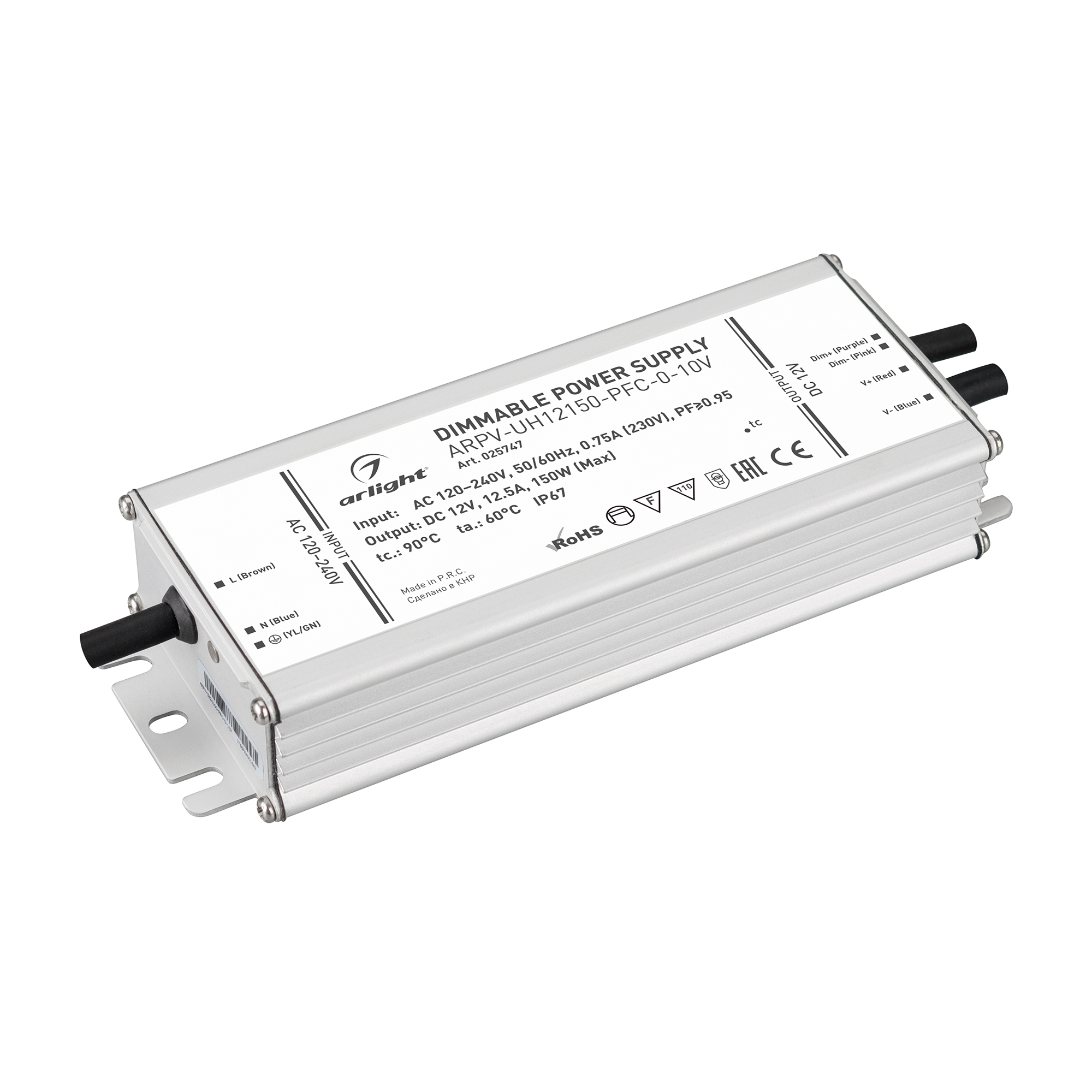 Блок питания ARPV-UH12150-PFC-0-10V (12V, 12.5A, 150W) 025747 - Диммируемый источник напряжения по стандарту 0/1-10 В с гальванической развязкой для светодиодных изделий. Входное напряжение 120-240 VAC. Выходные параметры: 12 В, 12.5 А, 150 Вт. Встроенный