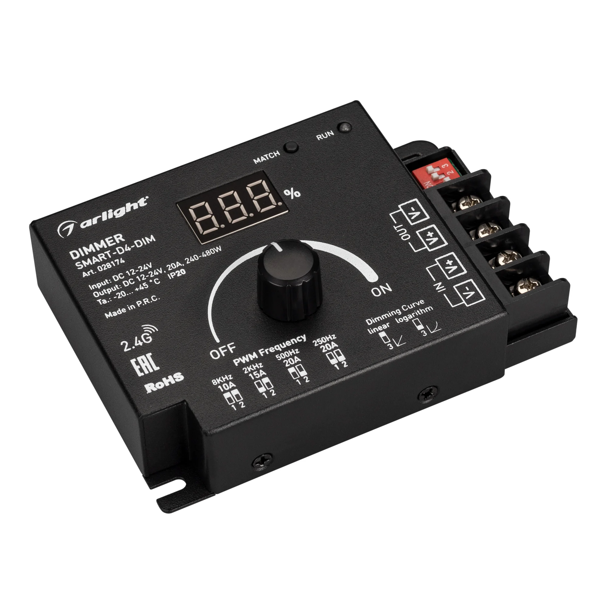 Диммер SMART-D4-DIM (12-24V, 1x20A. 2.4G) 028174 - Диммер для монохромной светодиодной ленты (ШИМ). Управление с помощью потенциометра, изменяемая частота ШИМ (250Hz-8KHz), выбор типа диммирования (линейное либо логарифмическое). Питание/рабочее напряжени