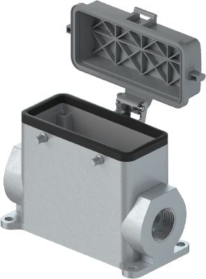 Закрытое основание разъема 73.342.4035.1 - Основание разъема на панель, закрытое, типоразмер 16B, высокое исполнение, с уплотнителем, 1 отверстие с резьбой для кабельных вводов M25x1,5, с правым расположением, без защелок (упоры для двух защелок), с защит