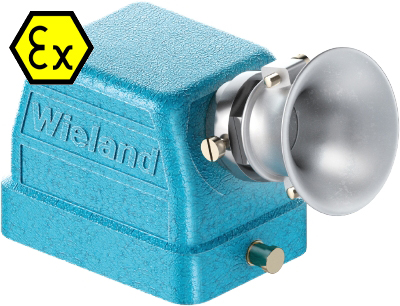 Крышка разъема Ex 70.350.0636.3 - Крышка разъема на кабель, типоразмер 6B, взрывозащищита, без уплотнителя, 1 кабельный ввод M20x1,5, с разгрузкой на изгиб, IP54, с боковым расположением, без защелки (упоры под одну защелку), материал корпуса: цинковый сп