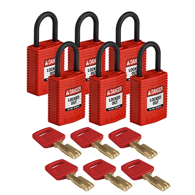 gws150207 - Замки SafeKey нейлоновые компактные, нейлоновая дужка, высота дужки – 25 мм, диаметр дужки – 4.3 мм, нейлоновый корпус, размеры корпуса – 43х32х19 мм, цвет – красный 6 шт/упак