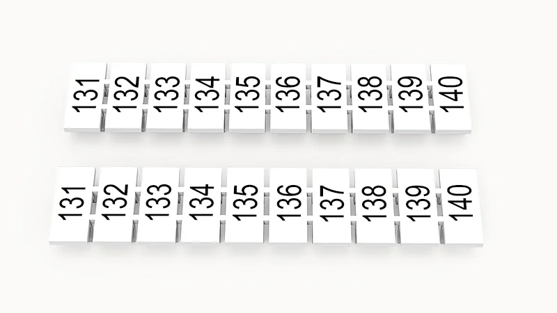 Марк.  полоска ZB6-10P-19-261Z(H) - Маркировочные шильдики для клемм WS…, DC…, PC…, сечением 4 мм кв., центральная, 10 шильдиков нанесенные символы: 131-140, с горизонтальным расположением, размер шильдика: 5,55х10,7 мм, цвет белый
