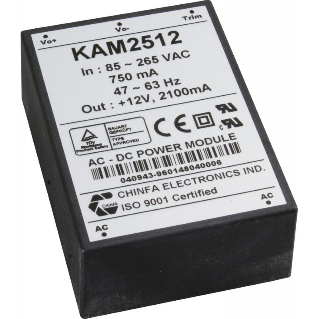 KAM1512 - AC-DC, 15Вт, выход 12В/1,25A, рег. вых=±10%Uном, вход 85…265V AC, 47…63Гц / 120...370V DC,  изоляция 3000V AC, в кожухе 76х51х23мм, -20…+50°С