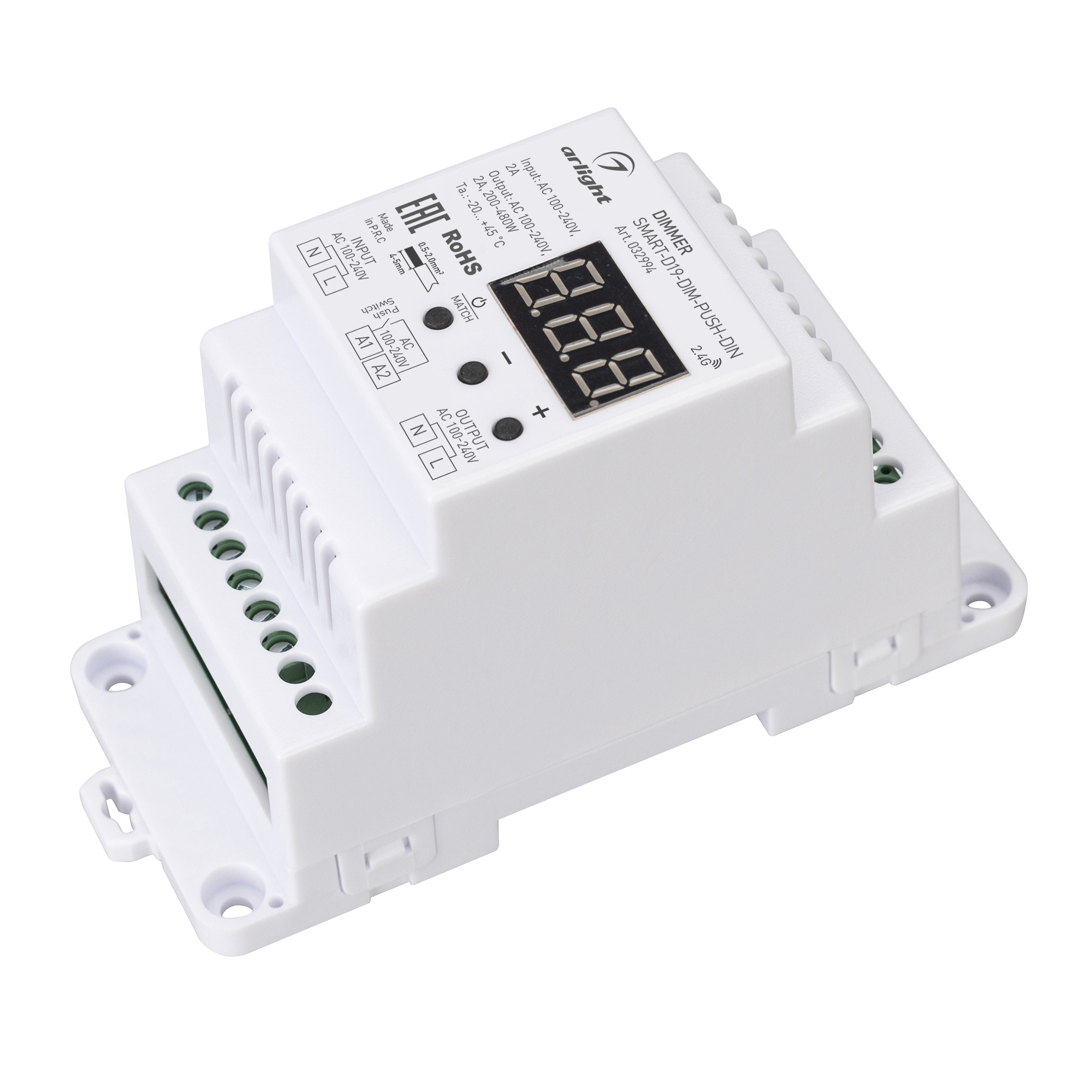 Диммер SMART-D19-DIM-PUSH-DIN (230V, 2A, TRIAC, 2.4G) 032994 - TRIAC диммер, предназначенный для установки на DIN-рейку. Поддерживает функцию Push-Dim. Питание/рабочее напряжение 100-240VDC, выходной ток 2А, выходная мощность 200-480W. Корпус - PVC. Совме