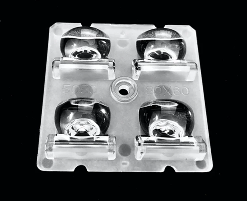 ALST50D4LED8060 - Групповая квадратная линза 2x2 на 4 светодиода 5050/3535 эфф=90%, ~80°x60°  (T4),  50x50mm   H:8.5mm  PC-1250Z