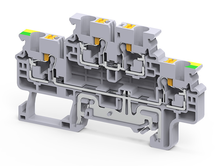 Этажная клемма CPDLG4 - Этажная клемма, нижний ряд с заземлением, тип фиксации провода: push-in, номинальное сечение: 4 мм кв., 32A, 1000V, ширина: 5 мм, цвет: серый, тип монтажа: DIN 35