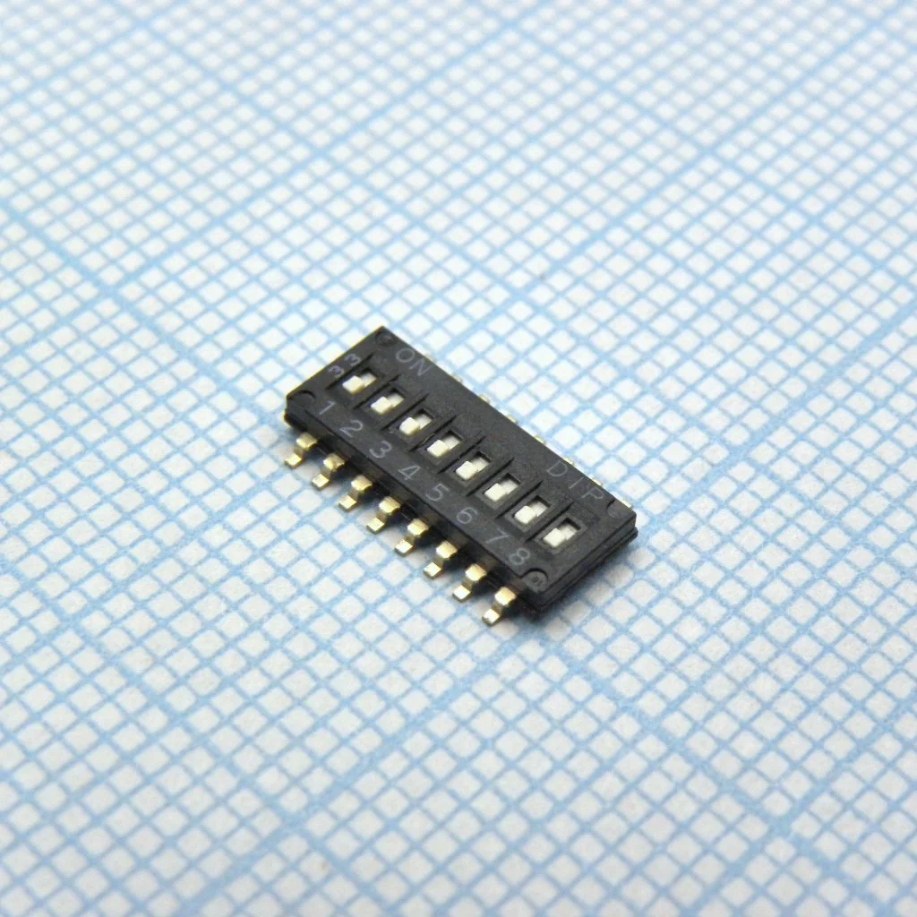 DHN-08F-V - Движковый переключатель 8 групп SMD монтаж 1.27мм 25мА 24В положение ВЫКЛ