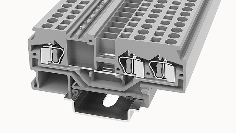 Проходная клемма WS4-TW-01P-11 - Проходная клемма, 3 точки подключения, тип фиксации провода: тип фиксации провода: пружинный, номинальное сечение: 4 мм кв., 32A, 800V, ширина: 6 мм, цвет: серый, тип монтажа: DIN35