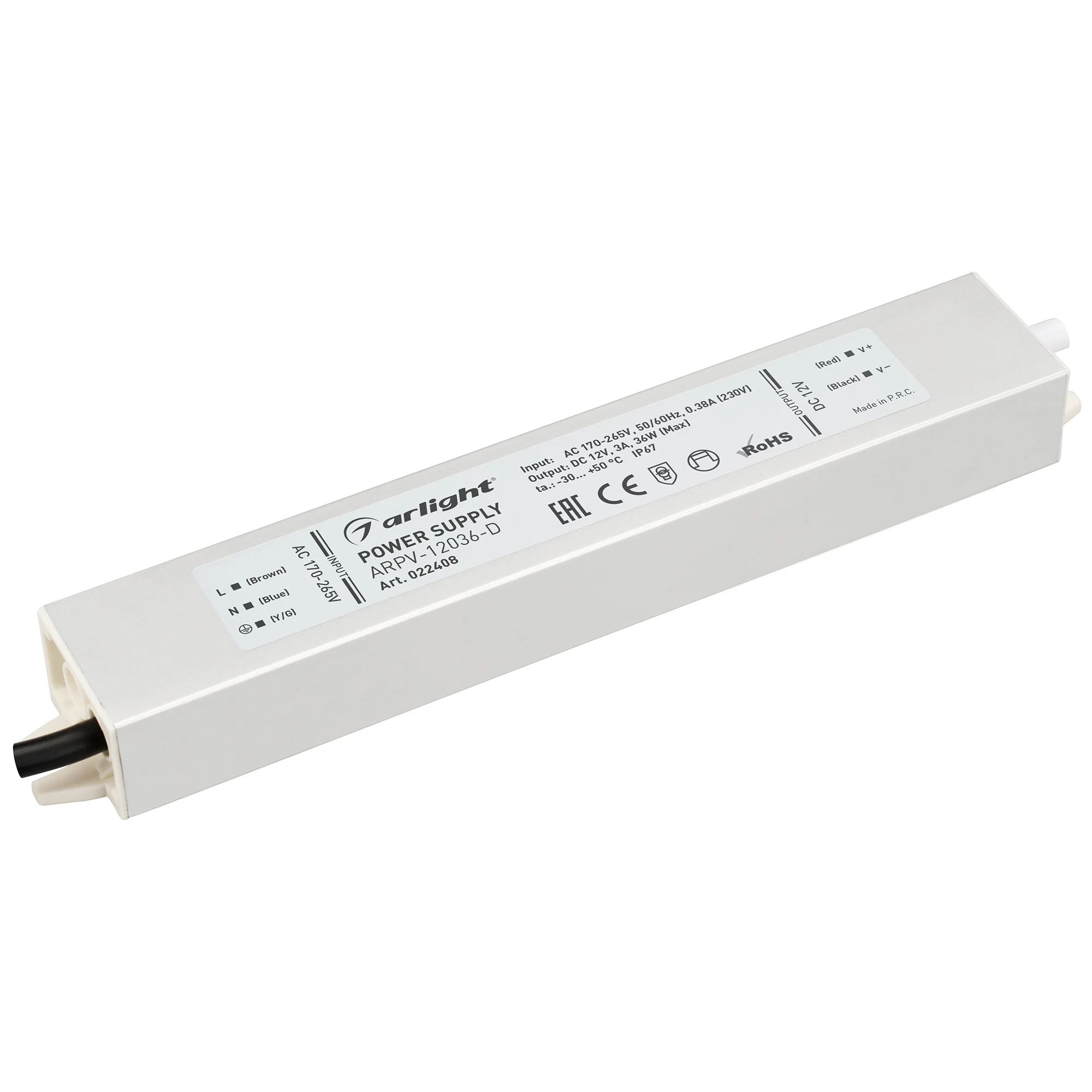 Блок питания ARPV-12036-D (12V, 3.0A, 36W) 022408 - Источник напряжения с гальванической развязкой для светодиодных изделий. Входное напряжение 170-265 VAC. Выходные параметры: 12 В, 3 А, 36 Вт. Встроенный PFC >0,5. Герметичный алюминиевый корпус IP 67. Р
