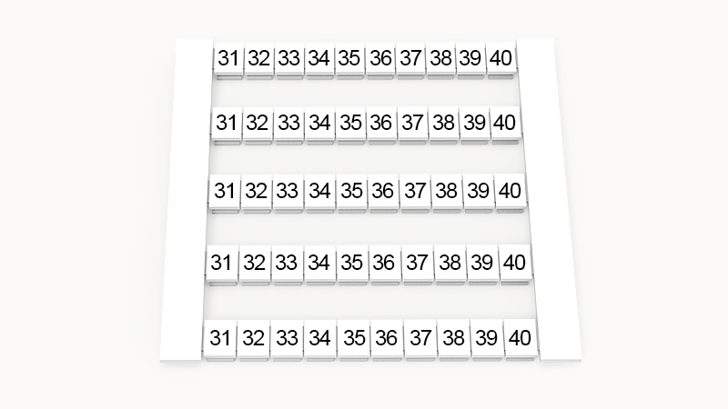 Марк. кассета DEK5-50P-19-21Z(H) - Маркировочные шильдики для клемм WS…, сечением 2,5 мм кв., боковая, 50 шильдиков, нанесенные символы: 31-40, по 5 полосок,с вертикальным расположением, размер шильдика: 4,8х5,5 мм, цвет белый