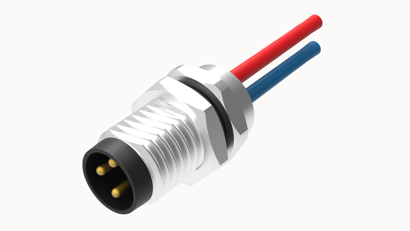 Вилочный разъем SD-M8A-04P-MM-SF7C50 - Вилочный разъем в панель, 4 полюса, M8, гайка спереди, с проводом, A-Code, сечение проводовников: 0.25 мм кв., (цвет проводовников: коричневый, белый, синий, черный), 3А, 60V, M8*1, металл