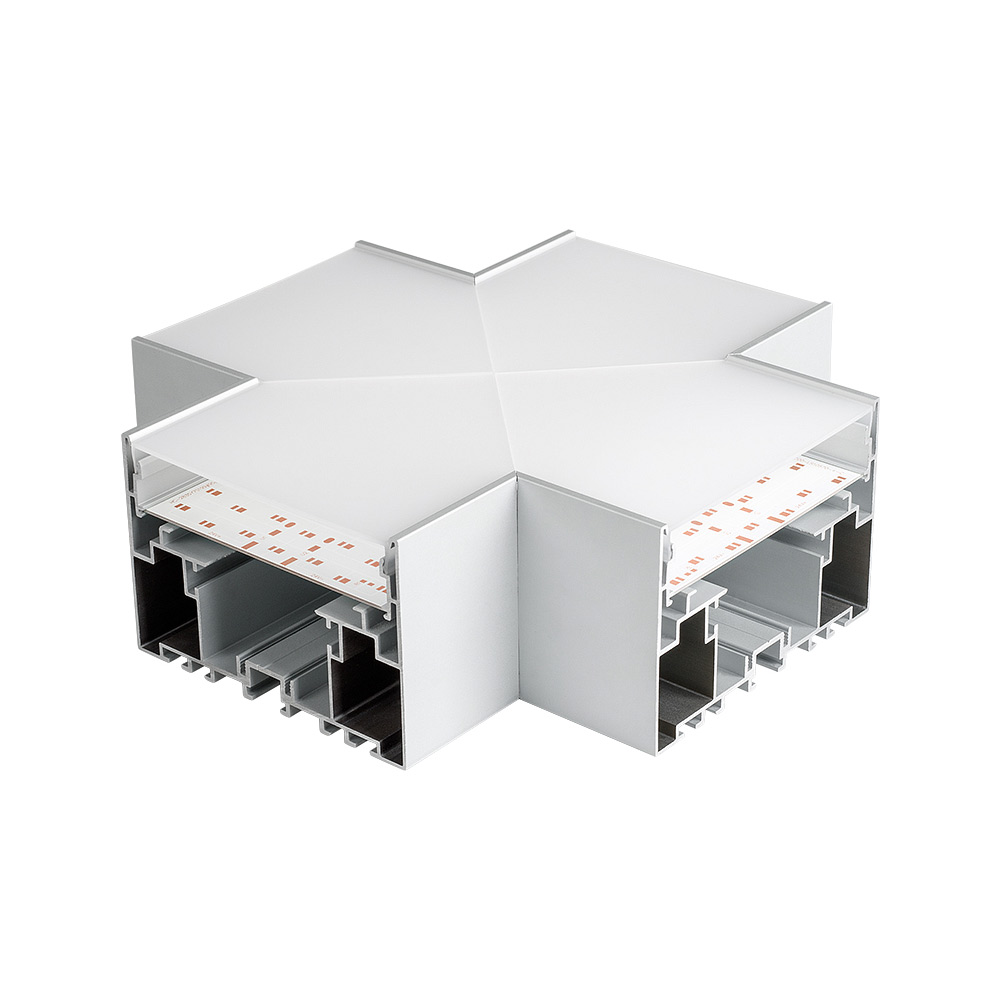 Угол S2-LINE-10570-X90 крестовой 021271 - крестовой угол в сборе, для соединения 4-х профилей S2-LINE-10570 под прямыми углами 90°. Экран образует линию "Х" на плоскости. В комплекте матовый экран, площадка для ленты, соединители. Размер 200х200 мм.