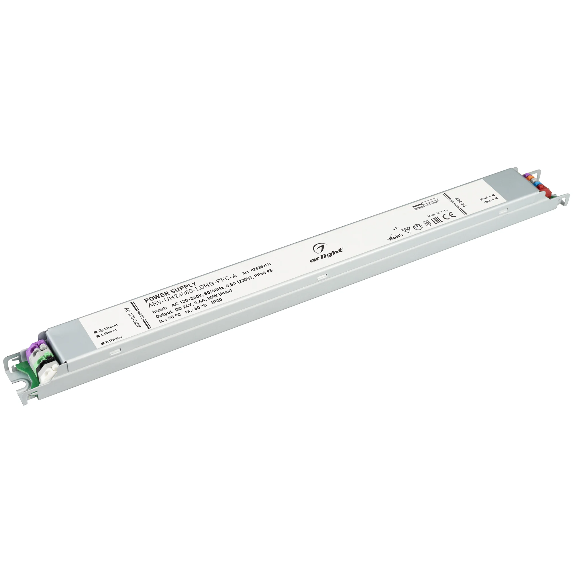Блок питания ARV-UH24080-LONG-PFC-A (24V, 3.4A, 80W) 028359(1) - Источник напряжения с гальванической развязкой для светодиодных изделий. Входное напряжение 120-240 VAC. Выходные параметры: 24 В, 3.4 А, 80 Вт. Встроенный PFC >0.95. Негерметичный алюминиев