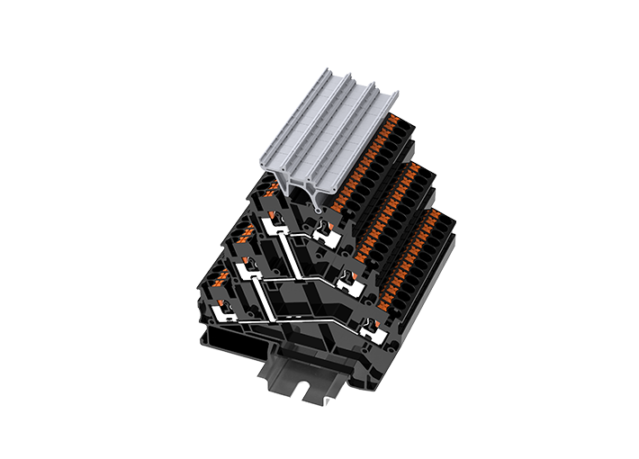 Трехуровневая клемма TPTS2.5-2T-PV - Трехуровневая клемма, угловая, межэтажное соединение, с держателем маркировки, тип фиксации провода: push-in, номинальное сечение: 2,5 мм кв., 20A, 500V, ширина: 5,2 мм, цвет: серый, тип монтажа: DIN 35